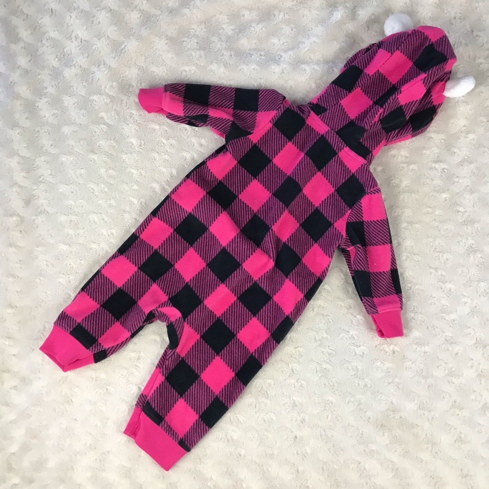 Carter’s Fleece Hooded Romper Size 3 Months Pink Black Buffalo Plaid Heart - Picture 4 of 4